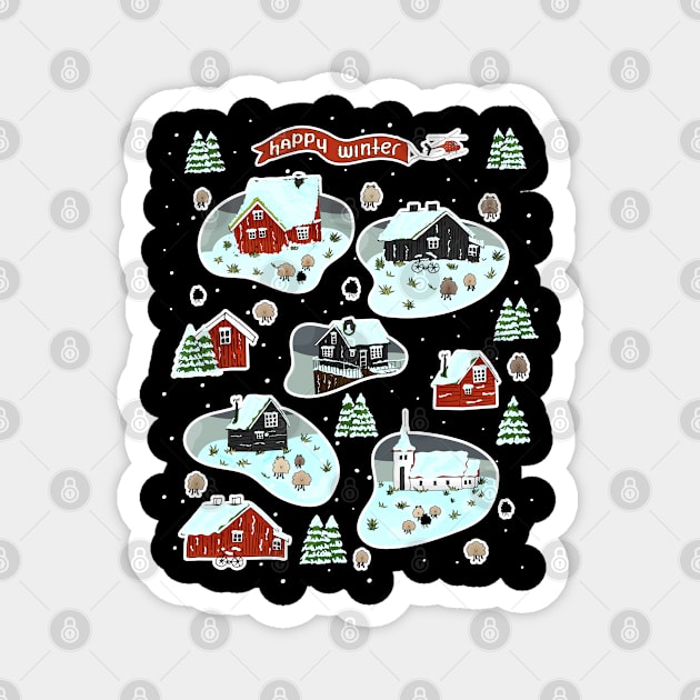 Happy winter wooden scandinavian houses Magnet by essskina