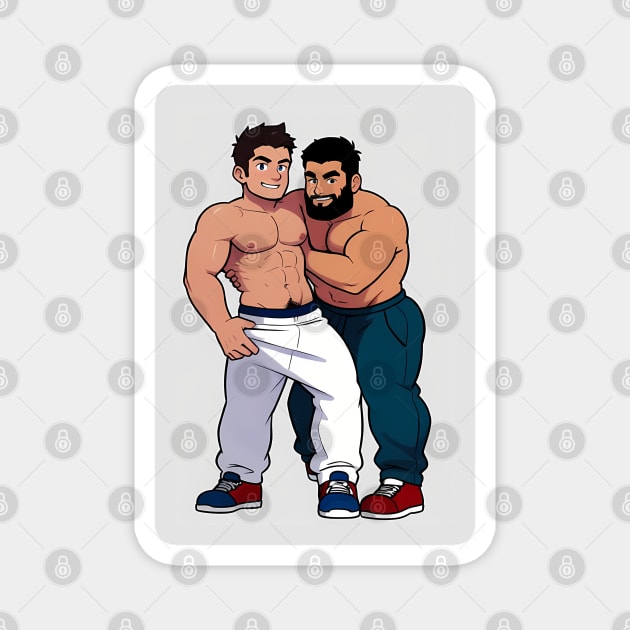 Cartoon of two toned topless guys in sweatpants play wrestling Gay Magnet TeePublic