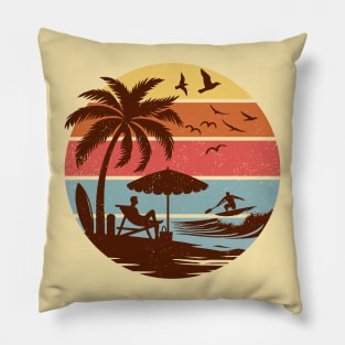 Vintage Surfing Beach Tropical Summer Retro Sunset Surfer Pillow