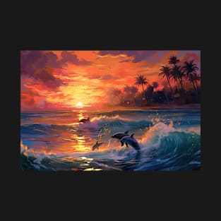 Sunset Bay Symphony: Dolphins Dancing in Pastel Hues T-Shirt