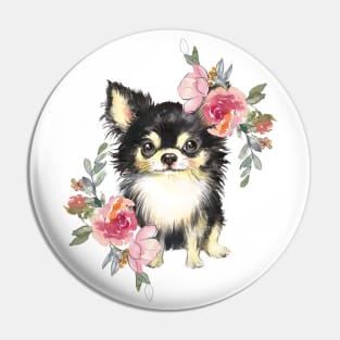 Cute Chihuahua Puppy Dog with Flowers Watercolor Art Pin