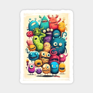 Colorful and Funny Monsters in Neon Watercolor Doodle Art Style Magnet