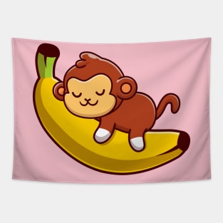 Cute Monkey Sleeping On The Banana Cartoon Tapestry