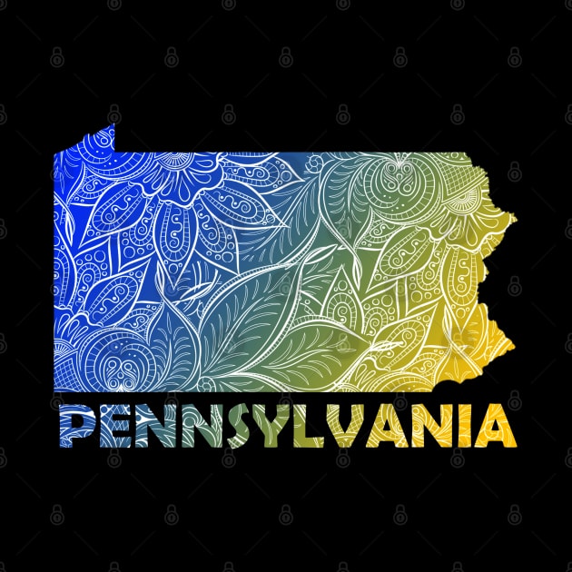 Colorful mandala art map of Pennsylvania with text in blue and yellow by Happy Citizen