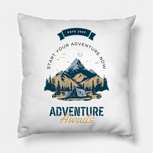 Cream Green Illustrated Adventure Awaits T-Shirt Pillow