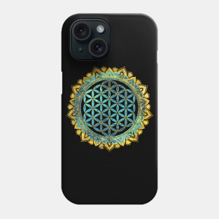 Flower of life gold an blue texture  glass Phone Case