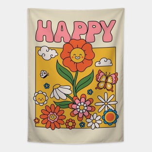 Happy groovy flower children colorful lettering Tapestry