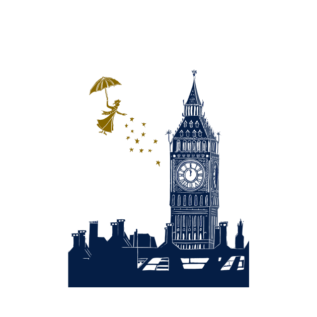 Mary Poppins and Big Ben Linocut by Maddybennettart