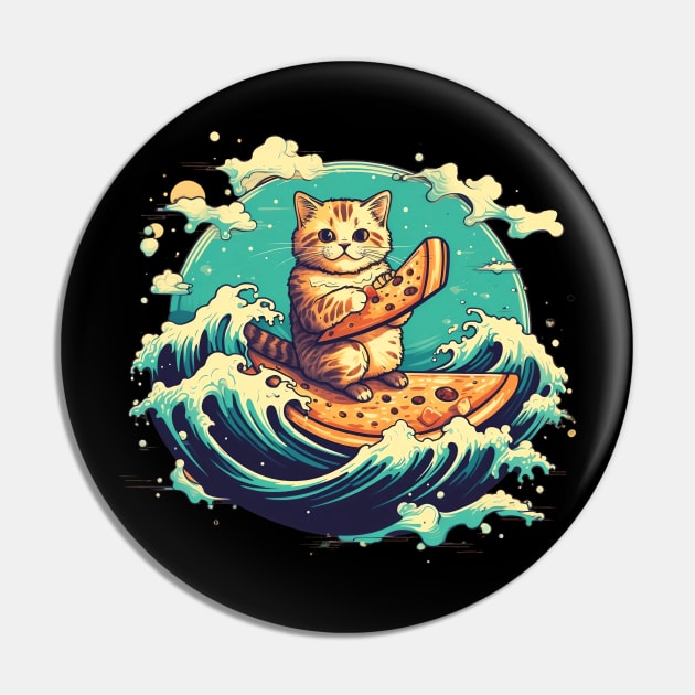 Cat Surfing on Pizza Slice Pin by origato