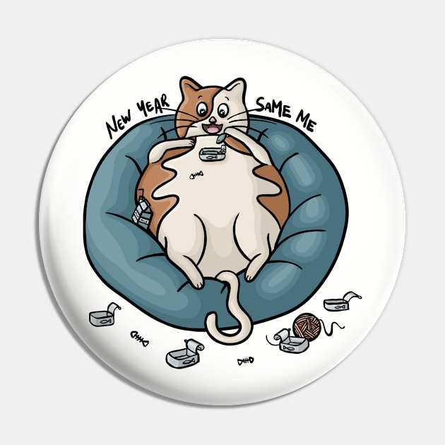 New Year Same Me Chubby Kitty Eating Fish Funny Digital Illustration Pin by AlmightyClaire