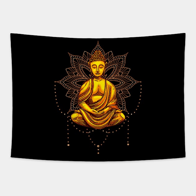 Buddha Statue Meditation Mantra Tapestry by Foxxy Merch