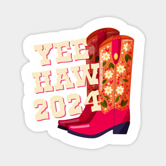 A pair of cowboy boots decorated with flowers and a hand lettering message Yeehaw 2024. Happy New Year colorful hand drawn vector illustration in bright vibrant colors. Greeting card design. Magnet by BlueLela