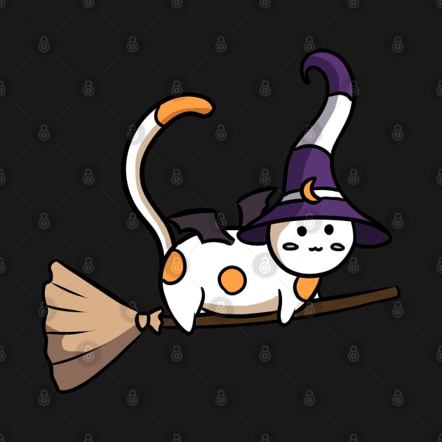 Cute witch cat flying on a broom Sticker by Doya