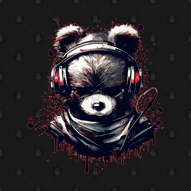 Ninja Bear In Headphones Japanese Anime Ink Splash Style by TomFrontierArt