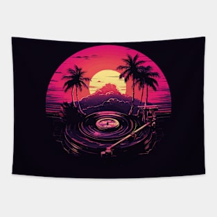 Turntable Vinyl in the Synthwave 80s eighties style palm trees Tapestry