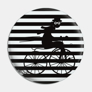 Black and white striped pattern with a shady cyclist running fast on an old bicycle Pin