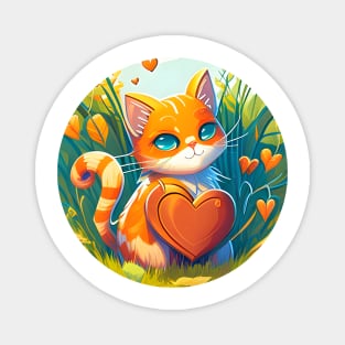 Cat Heart With Bright Eyed Orange Kitty In The Garden - Funny Cats Magnet