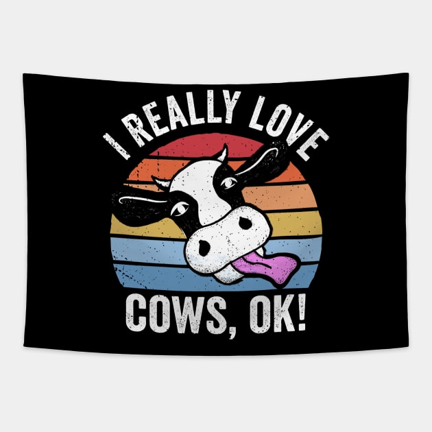 I Really Love Cows Ok! Retro Cow Face Design Tapestry by KawaiinDoodle