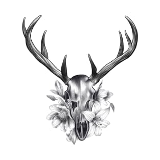 Deer Skull with Antlers in a Bed of Flowers and Lilys T-Shirt