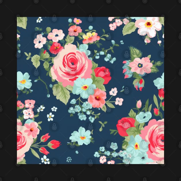 Pink Girly Floral Flowers, Pretty Feminine Pattern on Blue Background by VintageFlorals