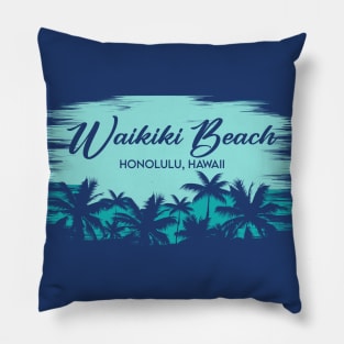 Waikiki Beach Honolulu Hawaii Retro Beach Landscape with Palm Trees Pillow