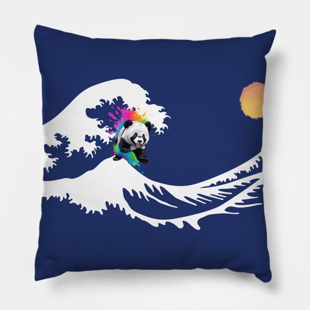 Panda Surfing at The Great Wave off Kanagawa Pillow by mafiatees.intl