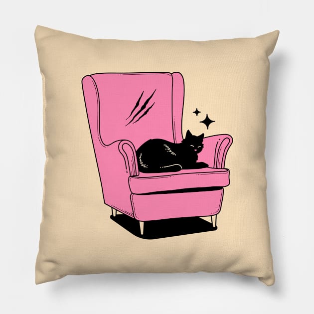 Naughty Black Cat in beige Pillow by The Charcoal Cat Co.