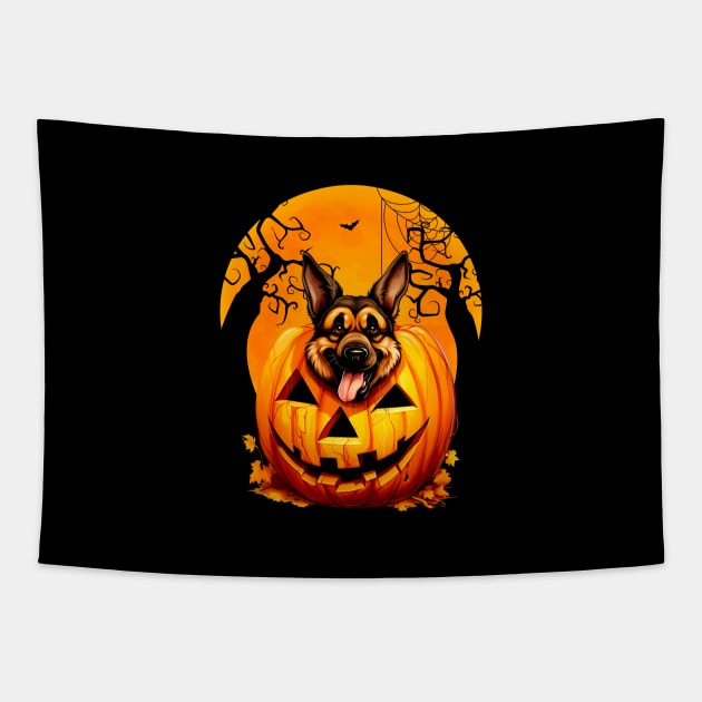 German Shepherd Inside Pumpkin, Funny Scary Halloween Moon Tapestry by Printofi.com