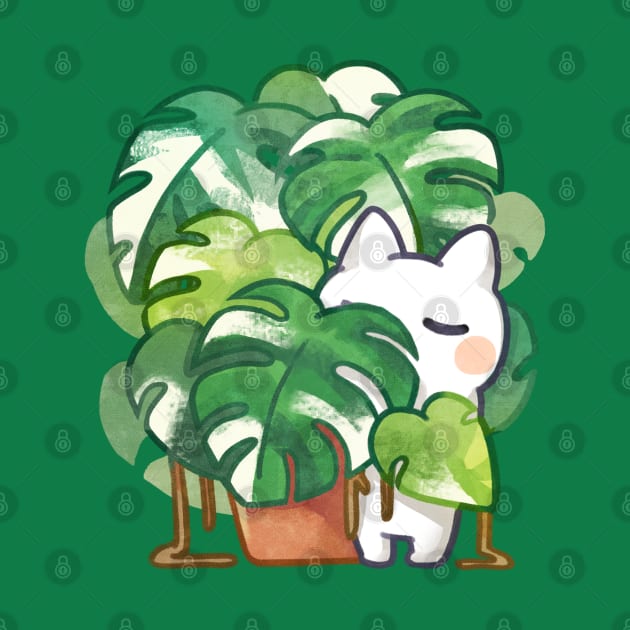 Monstera albo variegated plant lover cat by mushopea