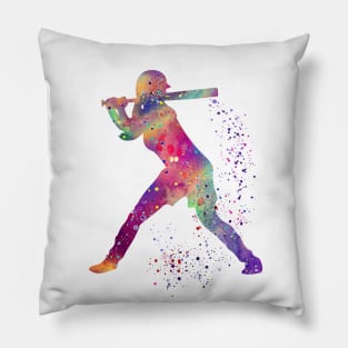 Baseball Batter Girl Colorful Watercolor Silhouette Pillow