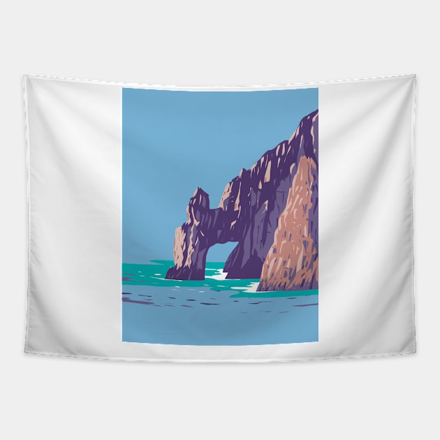 El Arco or the Arch of Cabo San Lucas in Mexico WPA Art Deco Poster Tapestry by retrovectors