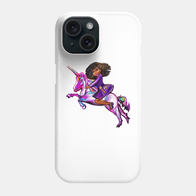 Curly hair Princess on a unicorn pony, lit up- black girl with curly afro hair on a horse Phone Case by Artonmytee