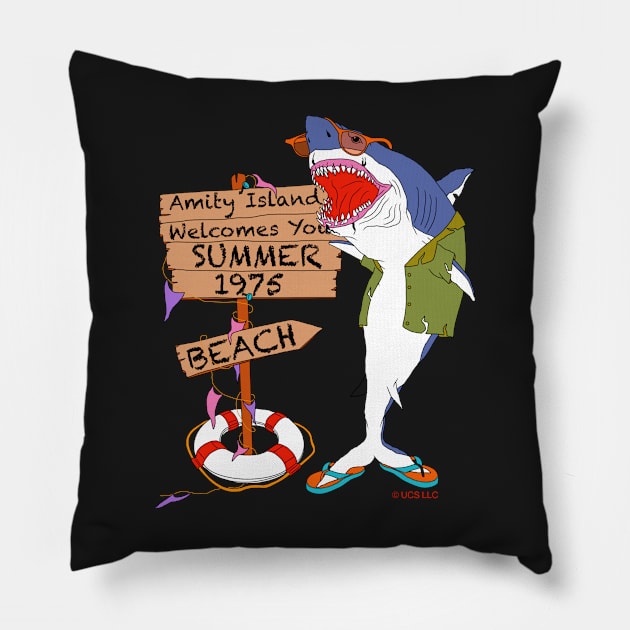 Amity Island Beach Sign Pillow by motelgemini