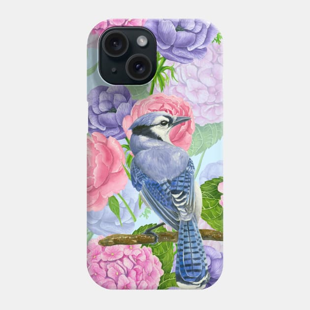 Blue jay and flowers watercolor pattern Phone Case by katerinamk