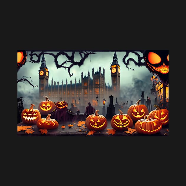 A group of pumpkins with faces carved into them sitting in front of a castle by Tee Trendz