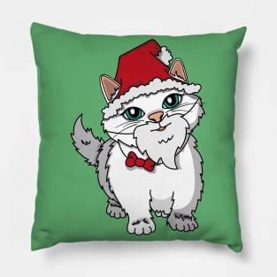 Santa Kitten, white kitten dressed as Santa Claus. Pillow