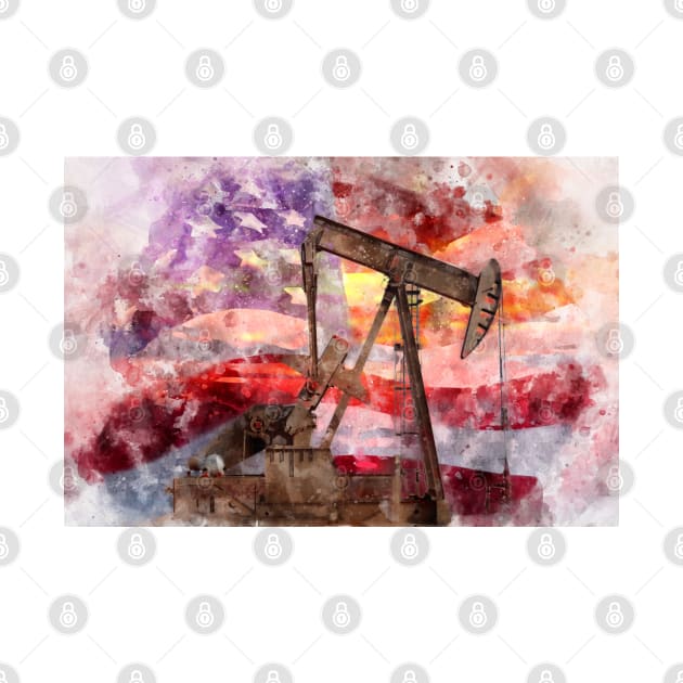 Pumpjack with American Flag silhouette watercolor by SPJE Illustration Photography