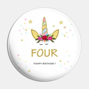 Fourth birthday candle. Four. Unicorn Birthday invitation. Party invitation greeting card Pin