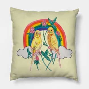 Two colorful parrot budgies with rainbow Pillow