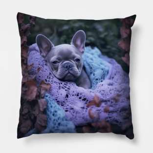 Frenchie wraped in a lace blanket Pillow