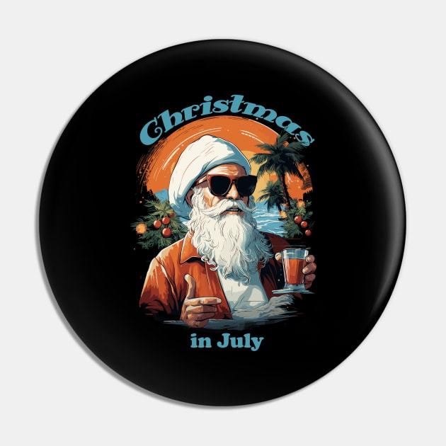 Beachside Santa | "Christmas in July" Festive Portrait T-Shirt Pin by Indigo Lake