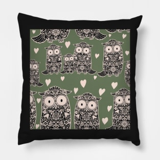 Folk Art Owls, Owlets and Hearts on Green Pillow