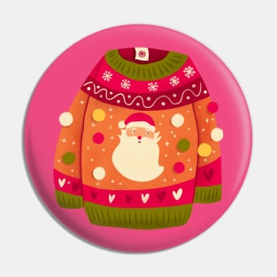 Cute Christmas sweater with Santa Claus and pom-poms. Colorful holiday illustration. Pin