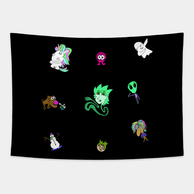 unicorn bubble dabbing ghost schweinehund alien snakeman snowman klugomogo characters Tapestry by FromBerlinGift