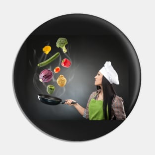 Skillful cook lady throwing veggies Pin