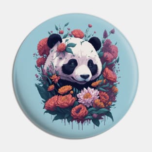 Cute smiling Giant Panda bear with florals t-shirt design, apparel, mugs, cases, wall art, stickers Pin