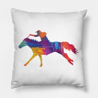 Cowgirl Riding a Running Horse with Rainbow Background Pillow