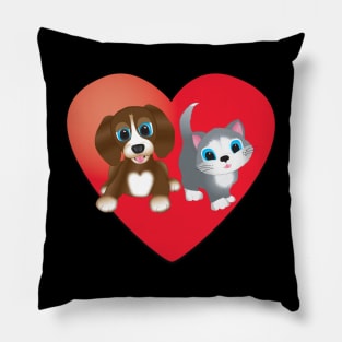 Brown Dog and Cat on Red Heart Pillow