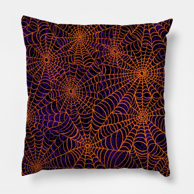Spiderwebs - Halloween Orange & Purple Pillow by vilecult