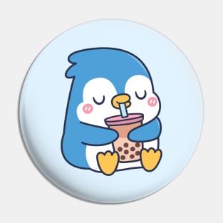 Cute Blue Penguin Drinks Boba Tea Pin